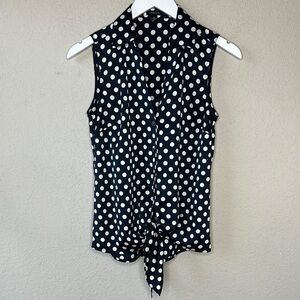 Ann Taylor V Neck Navy Blue with White Polka Dot Tie Front Blouse Size XS